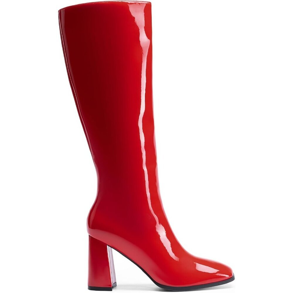 Women's Red DREAM PAIRS Knee-High Boots Square Toe Gogo Chunky Heel Side Zip - Picture 2 of 9